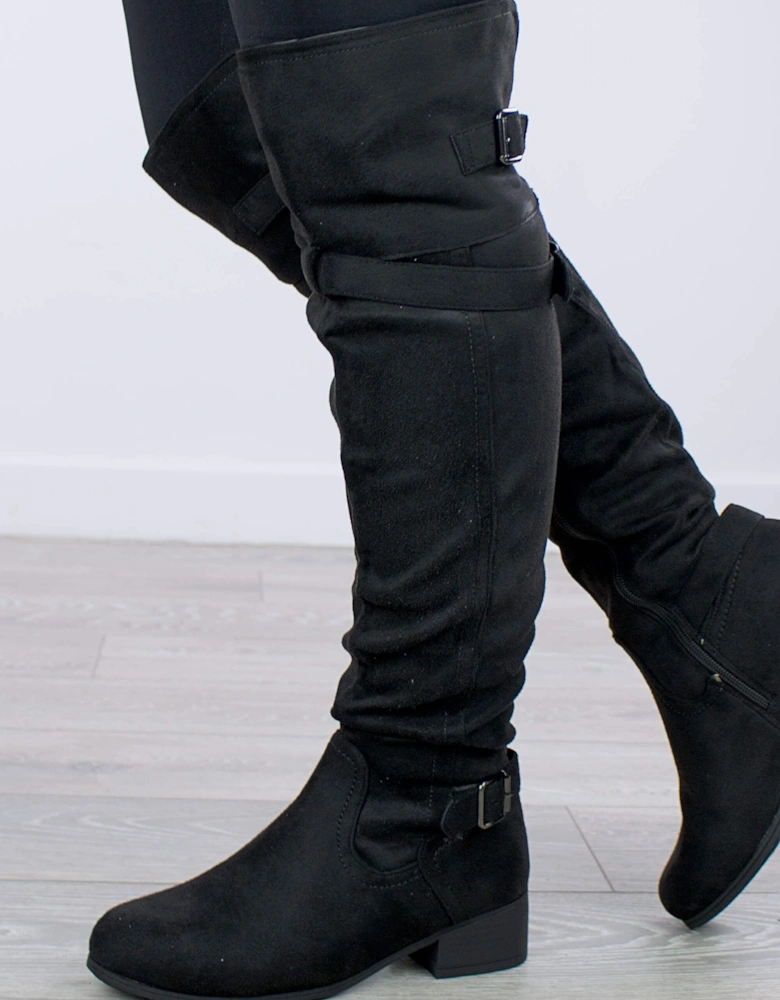 Low  Heel Flat Buckle Straps Riding  Over The Knee Boots