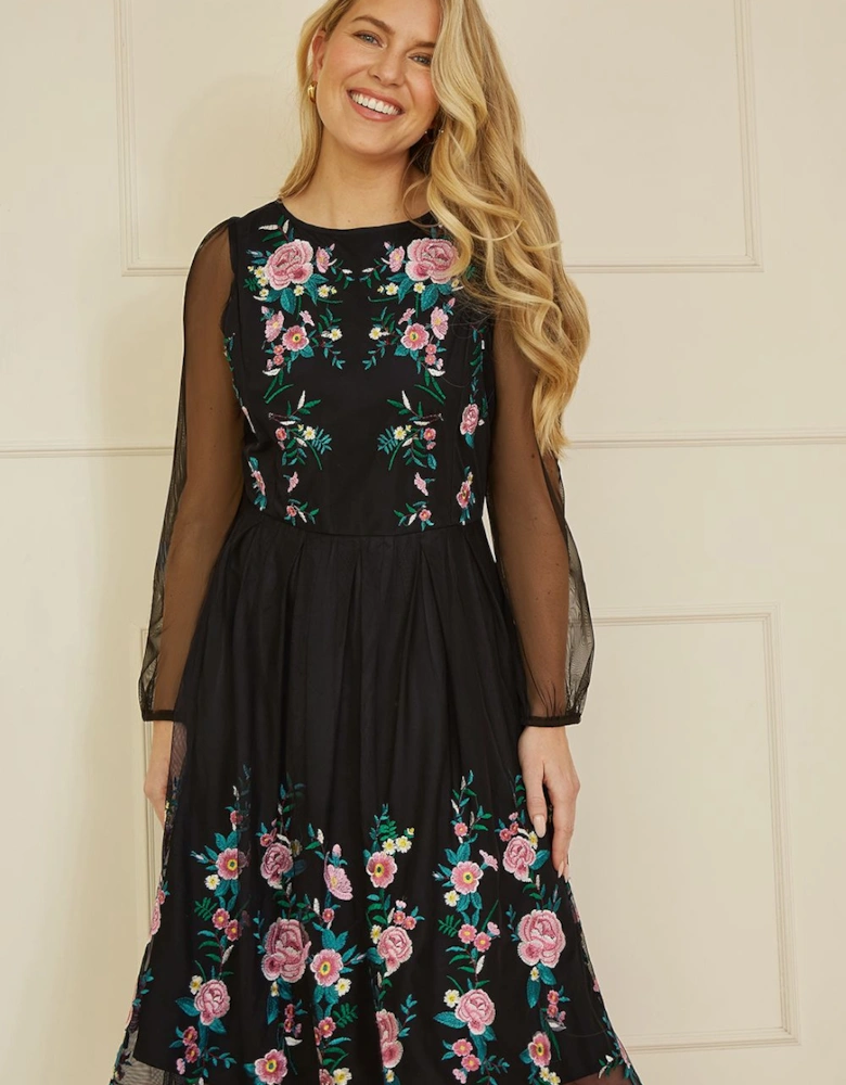 Black Embroidered Long Mesh Sleeve Prom Skater Dress