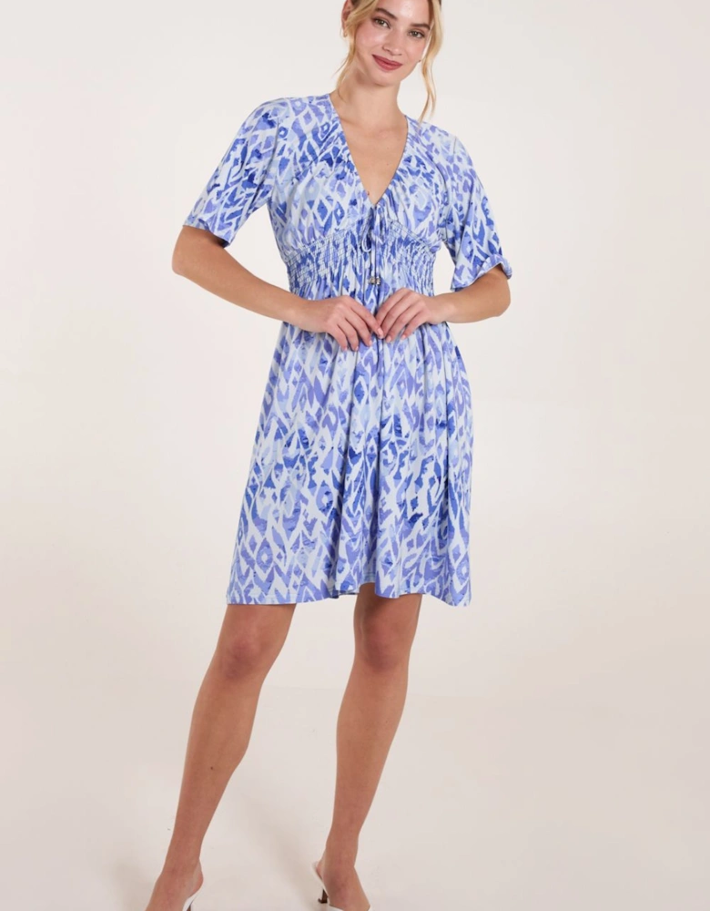 Abstract Shirred Waist V Neck Dress