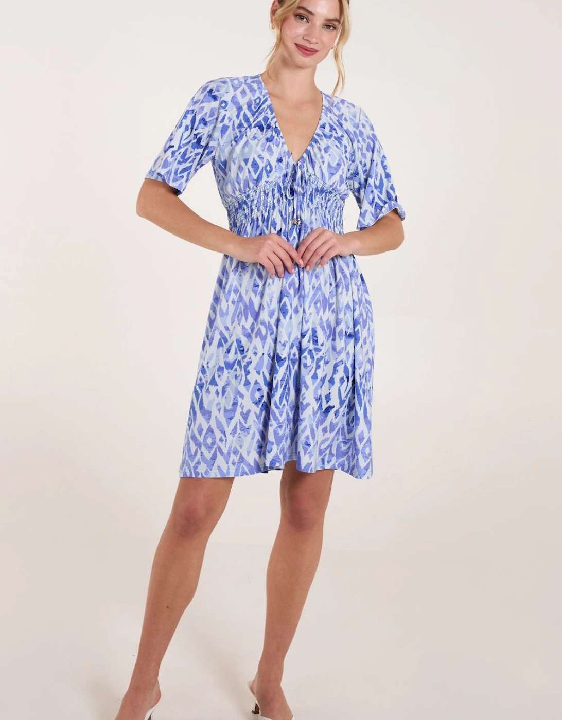 Abstract Shirred Waist V Neck Dress, 2 of 1