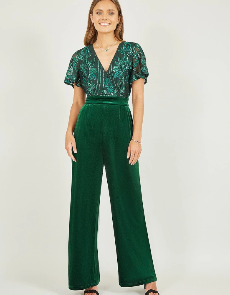 Green Sequin Embellished Velvet Jumpsuit With Angel Sleeves