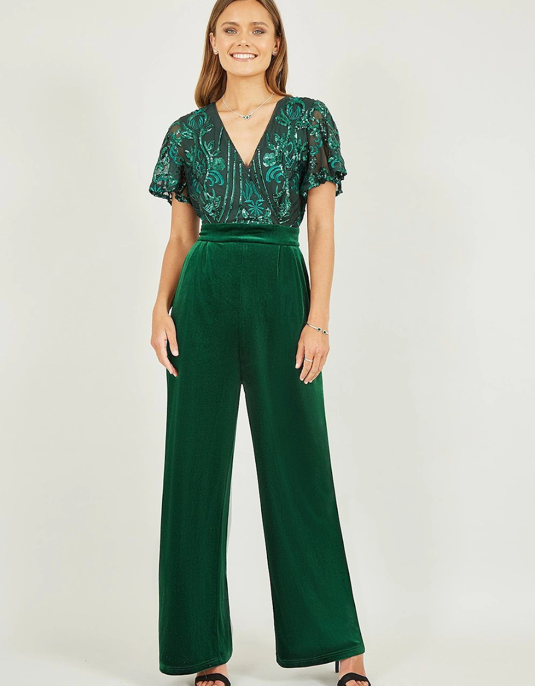 Green Sequin Embellished Velvet Jumpsuit With Angel Sleeves, 2 of 1