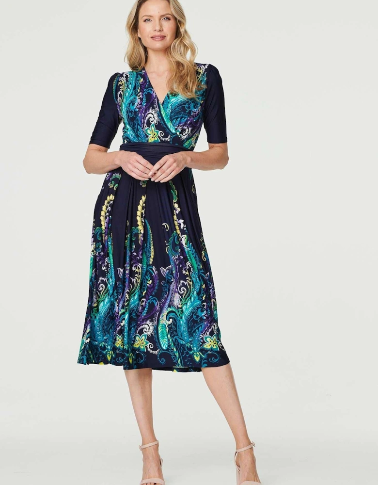 Printed Ruched Waist Midi Dress