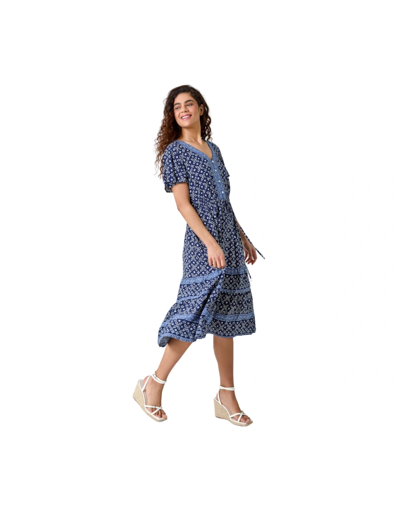 Geometric Floral Border Print Frill Dress