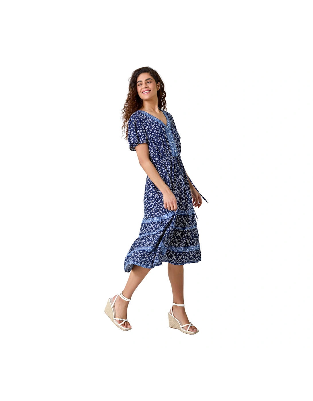 Geometric Floral Border Print Frill Dress, 2 of 1