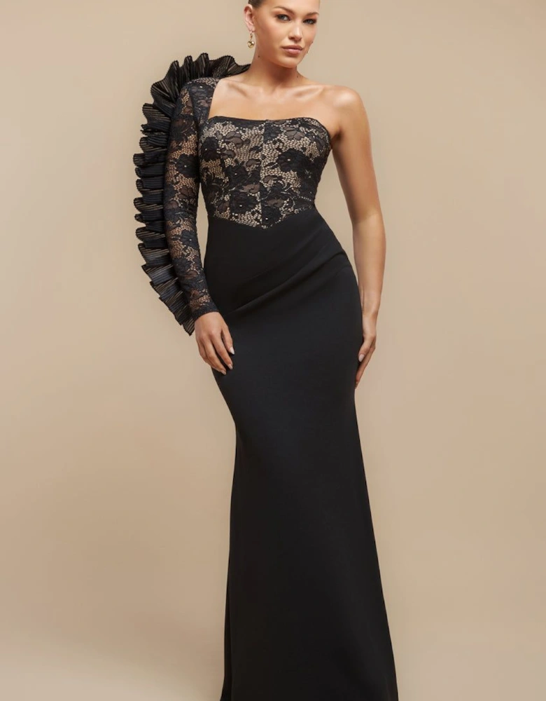 One Shoulder Organza  Fan Detail Lace Bodice Maxi Dress