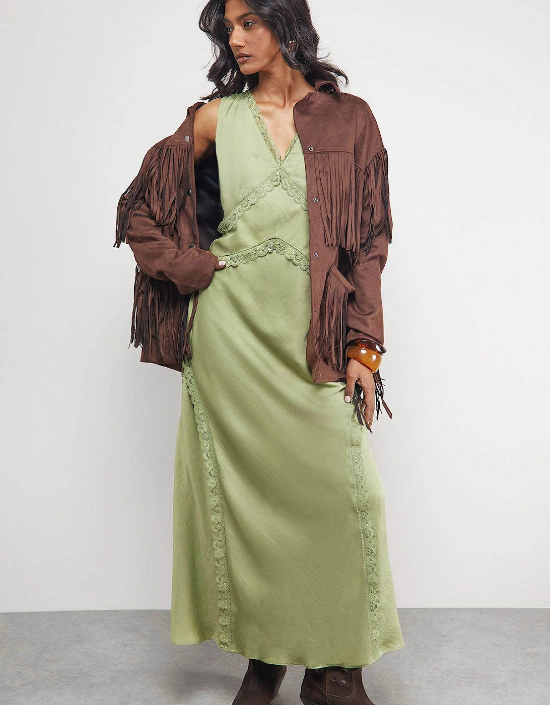 Satin Contrast Lace Midi Slip Dress, 2 of 1