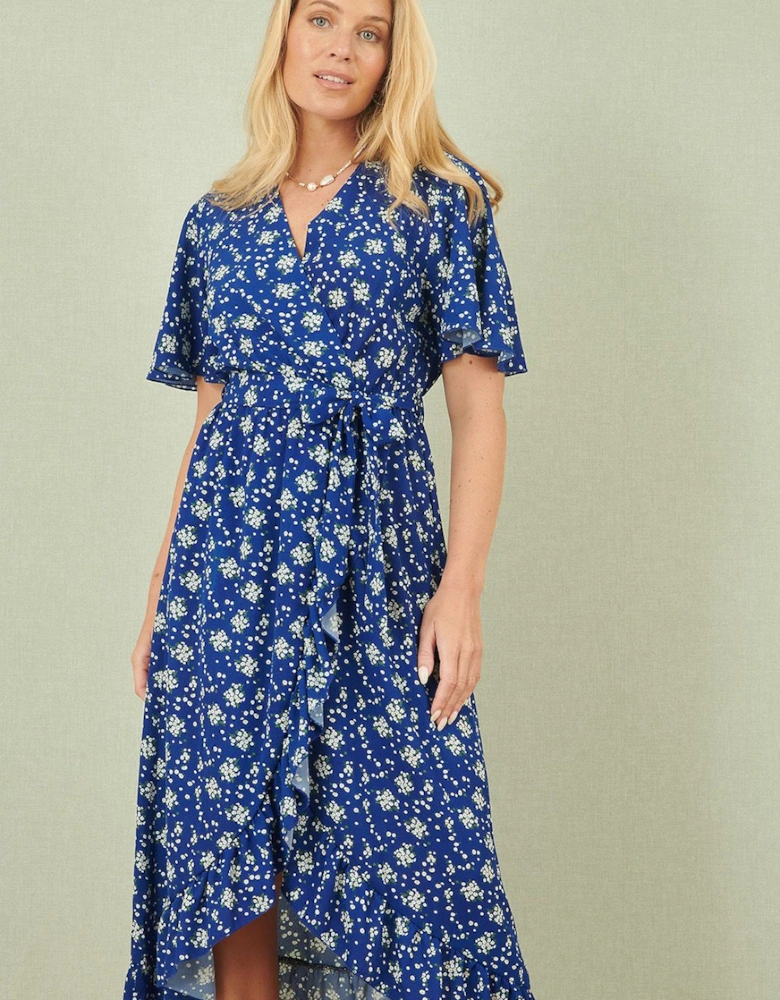 Blue Floral Wrap Dress With Frill Hem