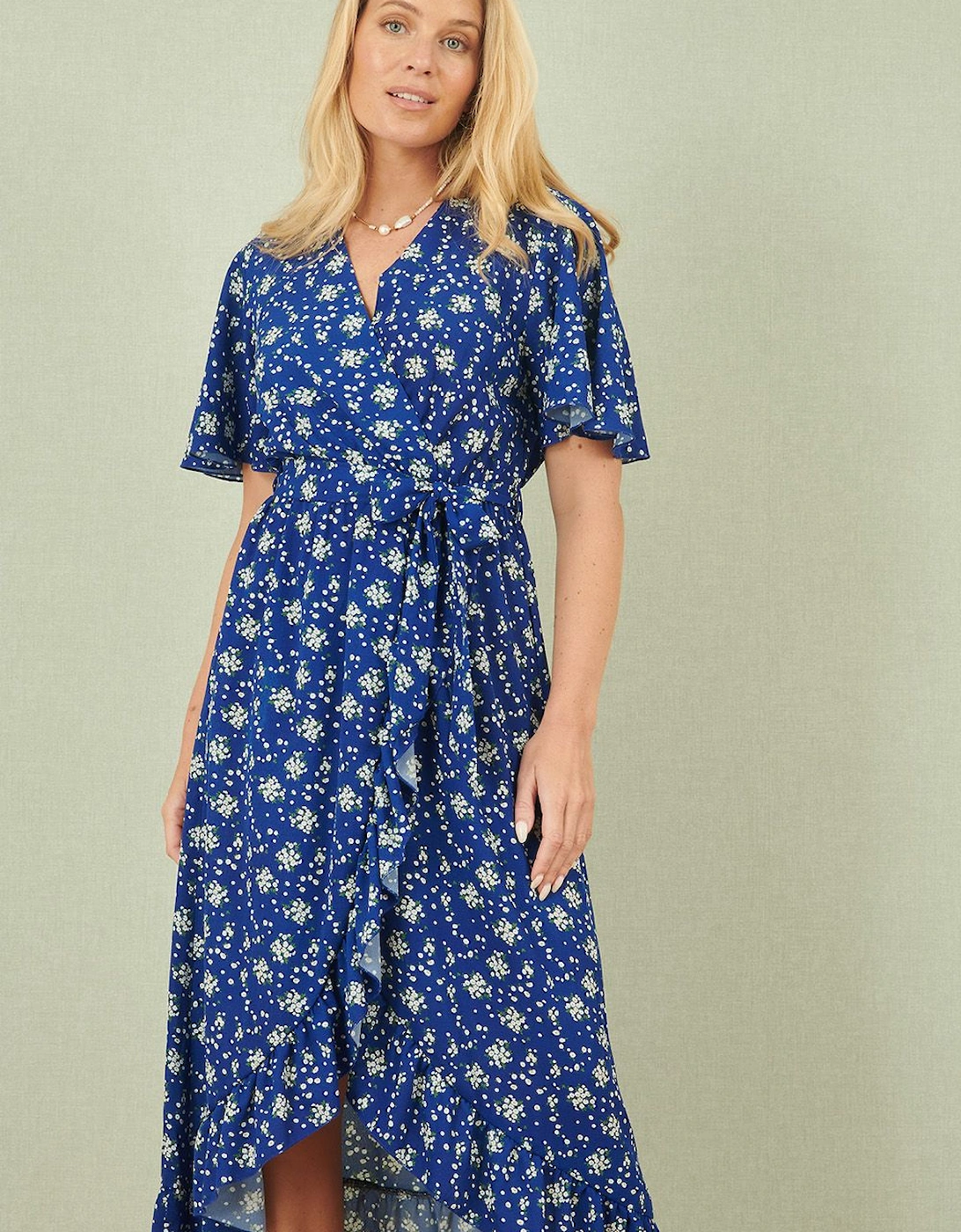 Blue Floral Wrap Dress With Frill Hem, 2 of 1