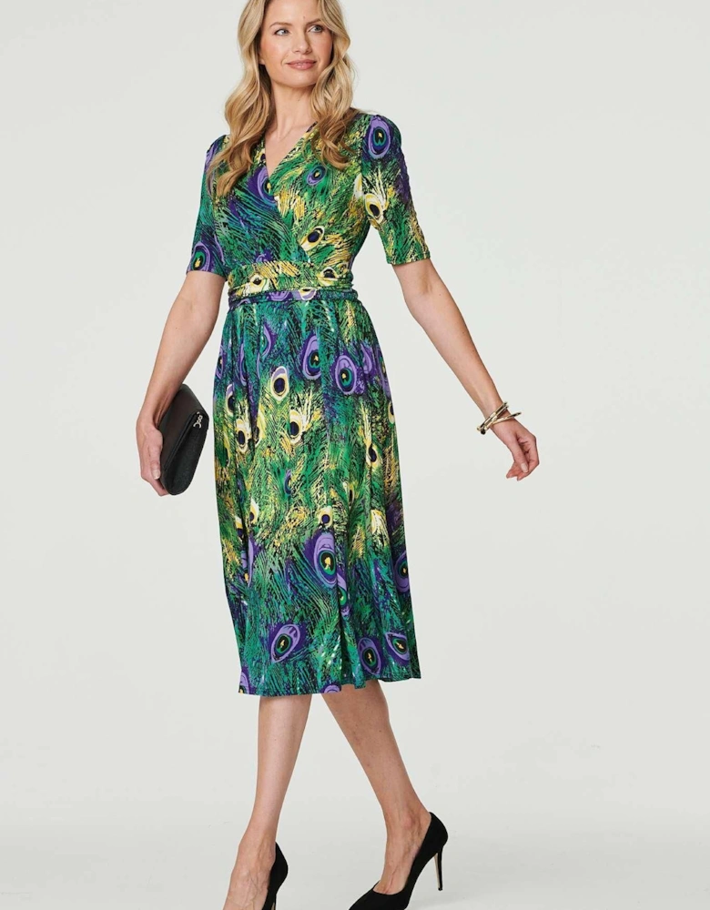 Peacock Print Ruched Waist Dress
