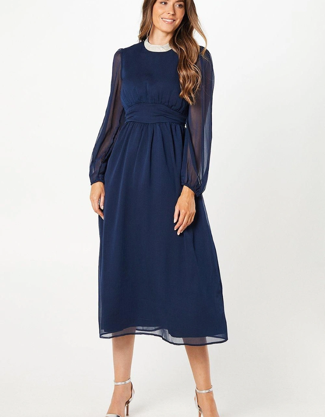 Foil Trim Gathered Waist Midi Dress, 2 of 1