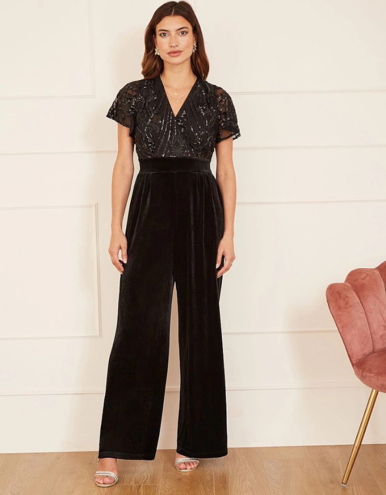 Black Sequin Embellished Velvet Jumpsuit With Angel Sleeves