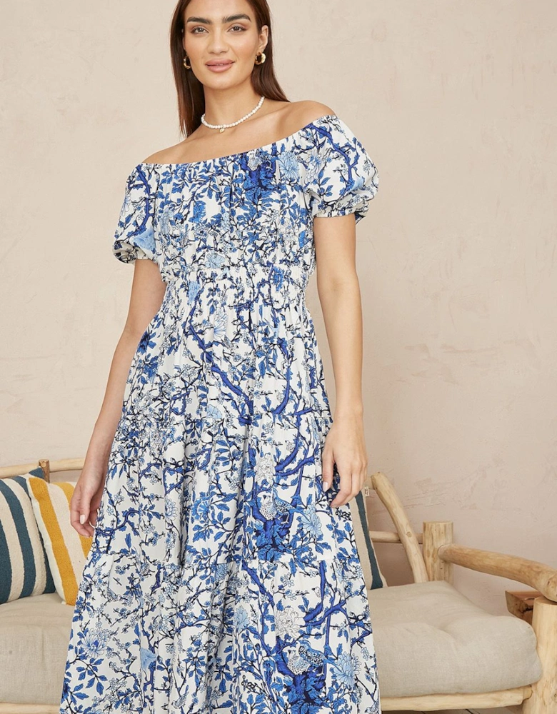 Blue Ruched Waist Bardot Blossom Tree Print Midi Dress