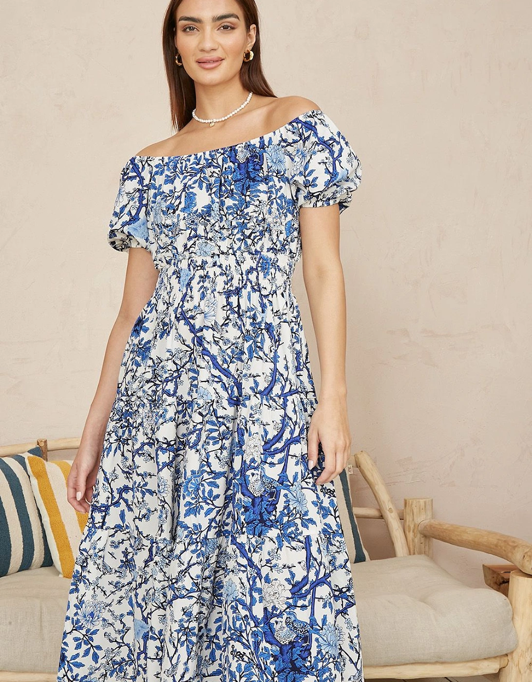Blue Ruched Waist Bardot Blossom Tree Print Midi Dress, 2 of 1