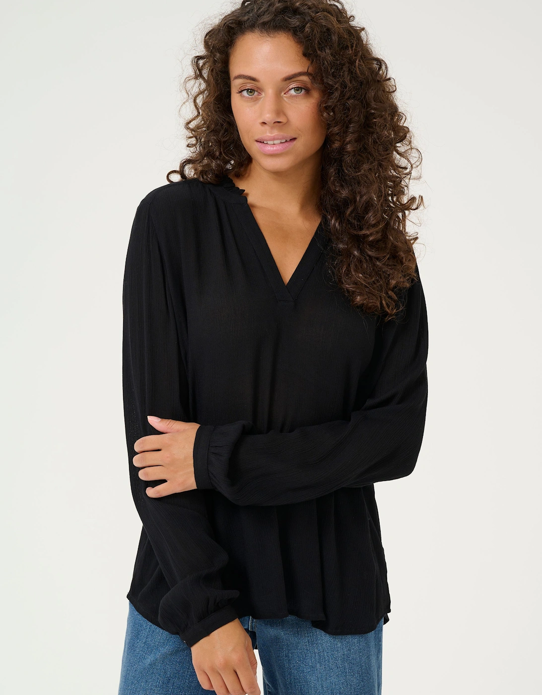 KAamber Blouse V-notch Neck Long Sleeves Plain, 2 of 1