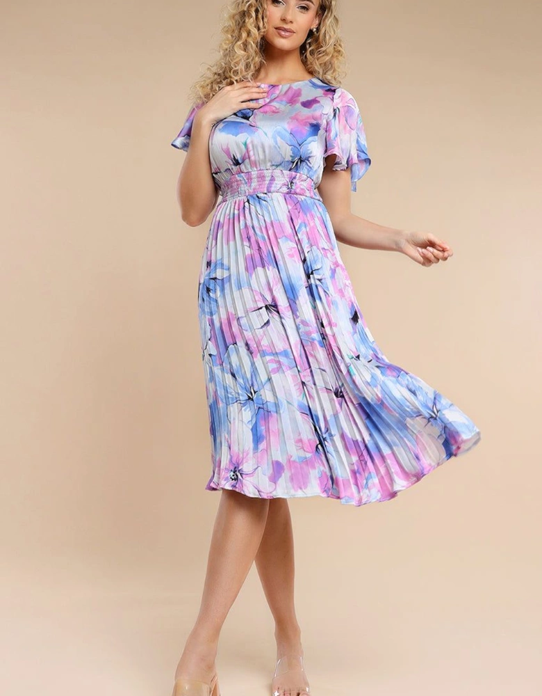 Flutter Sleeve Pleated Skirt Floral Midi Dress