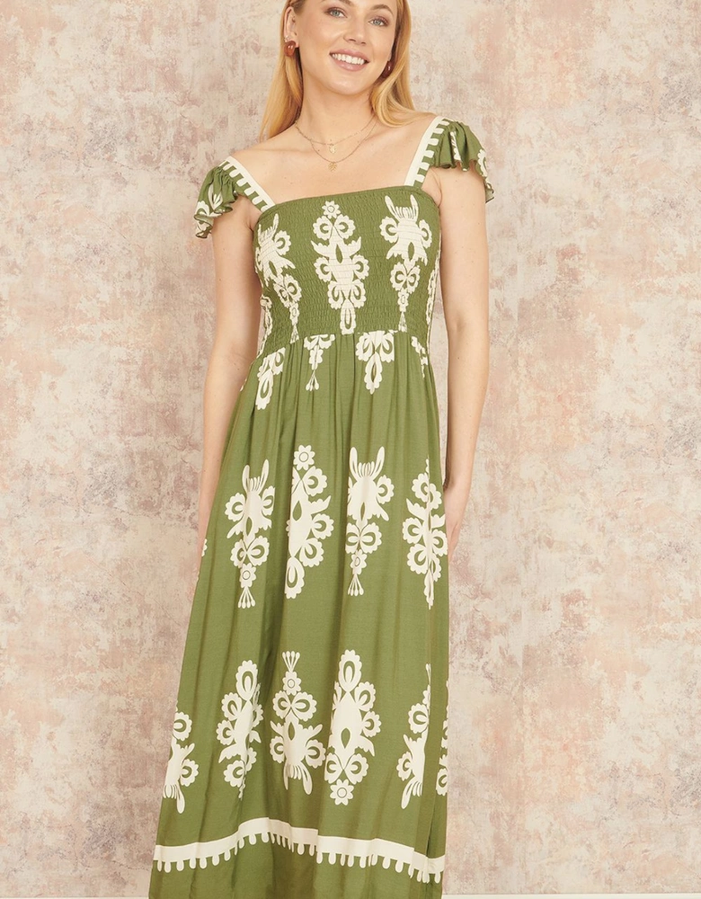 Green Block Print Ruched Maxi Dress
