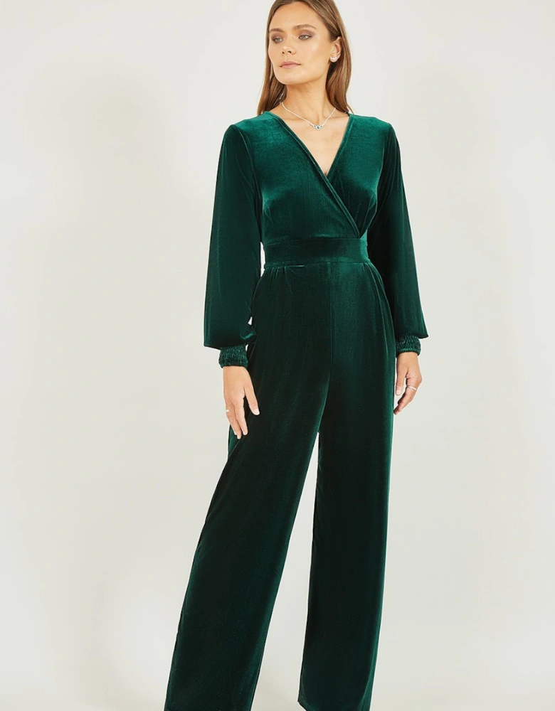 Green Velvet Long Sleeve Jumpsuit