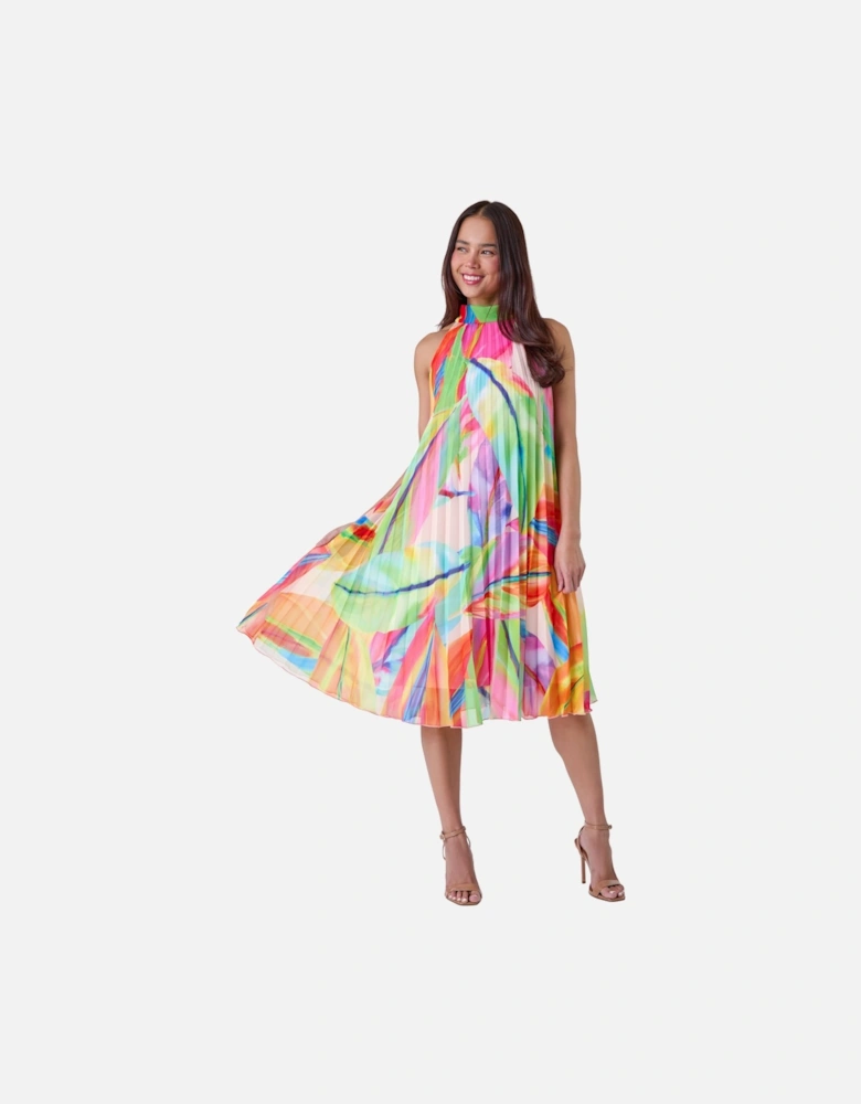 Petite Tropical Halter Neck Pleated Dress