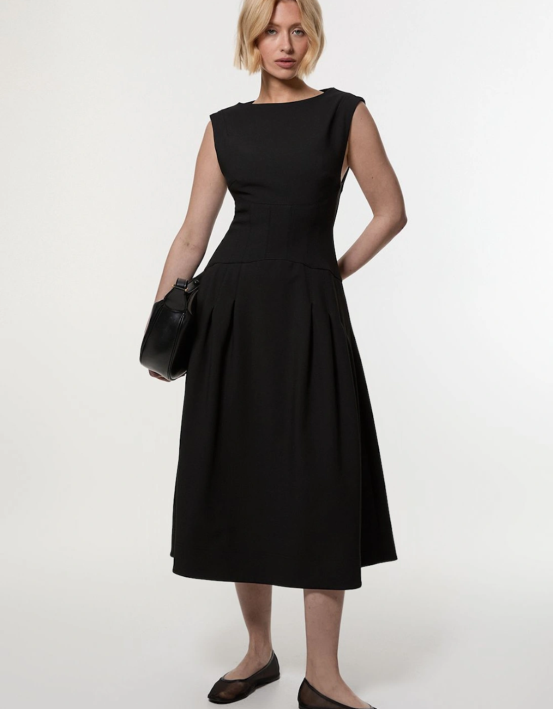 Compact Stretch Open Back Full Skirted Tailored Midi Dress, 2 of 1