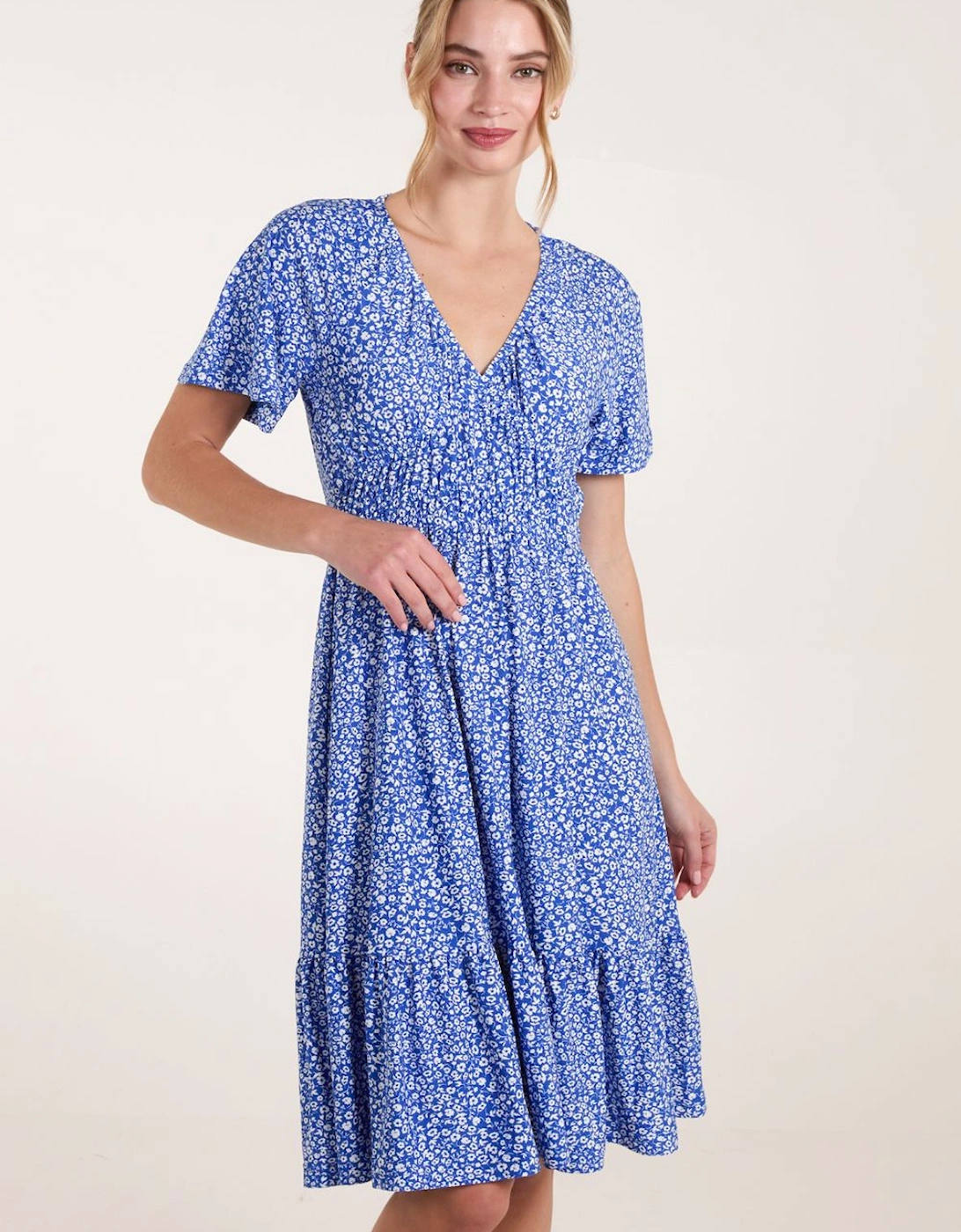 Ditsy Printed Angel Sleeve Elasticated V Neck Dress, 2 of 1