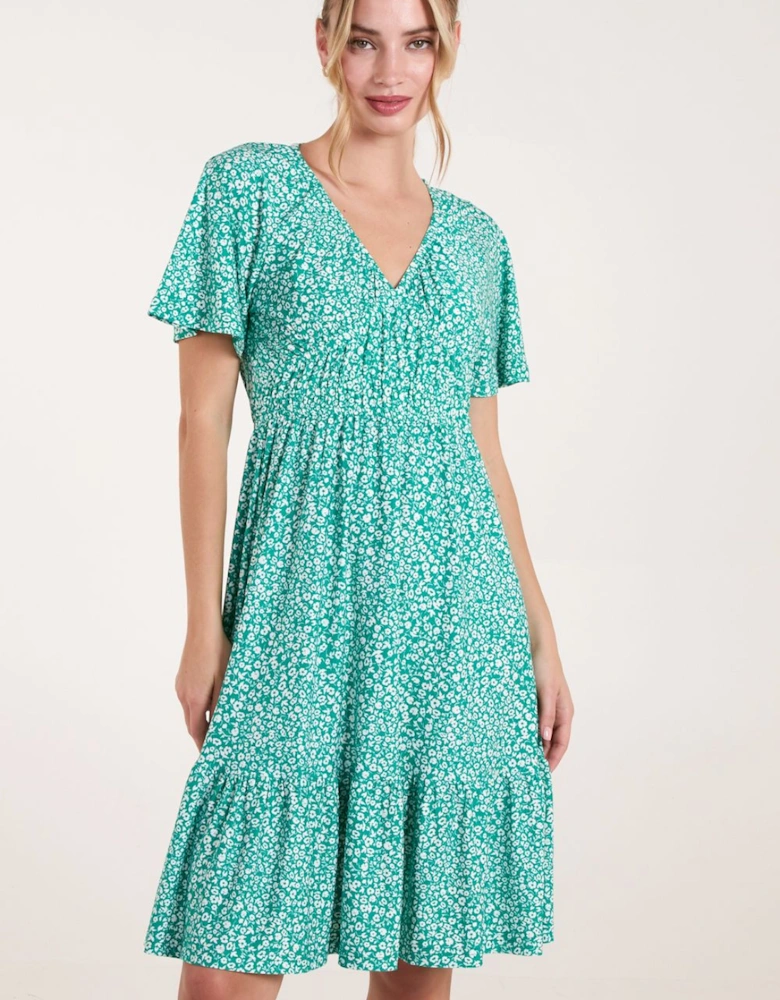 Ditsy Printed Angel Sleeve Elasticated V Neck Dress
