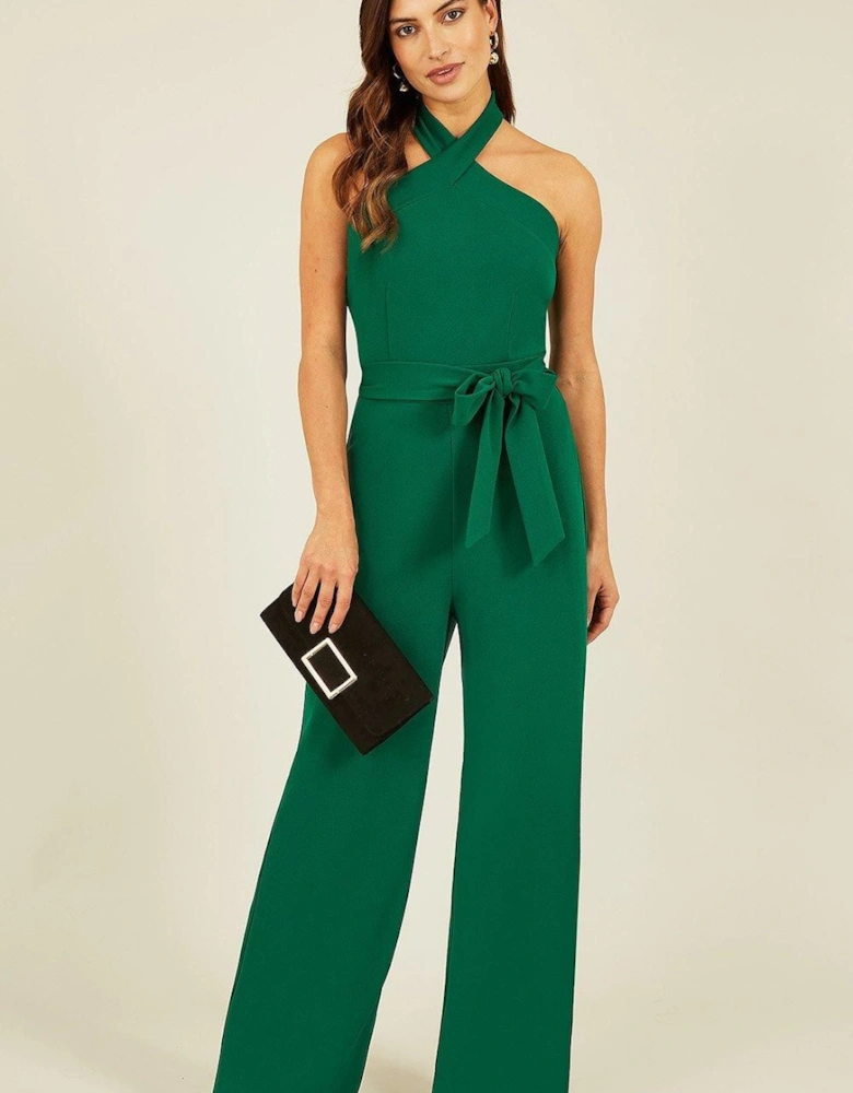 Green Cross Over Halter Neck Jumpsuit
