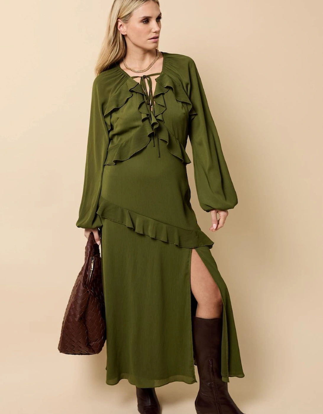 Khaki Chiffon Ruffle Maxi Dress, 2 of 1