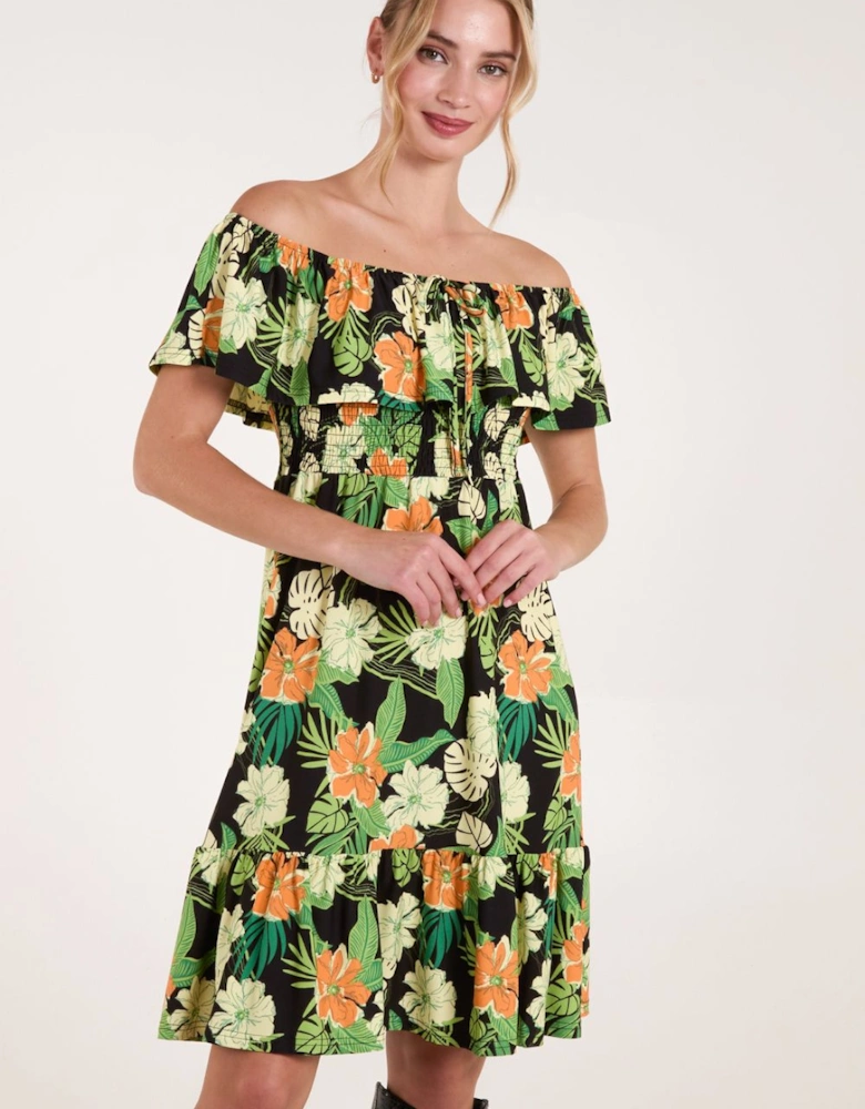 Tropical Shirred Waist Bardot Mini Dress