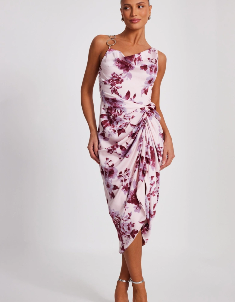 Pale Pink Satin Floral Midi Dress