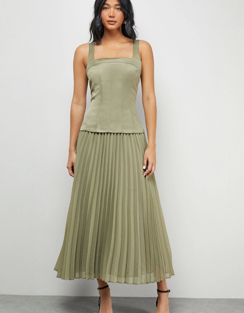 Satin Fitted Bodice Chiffon Pleated Skirt Midi Dress