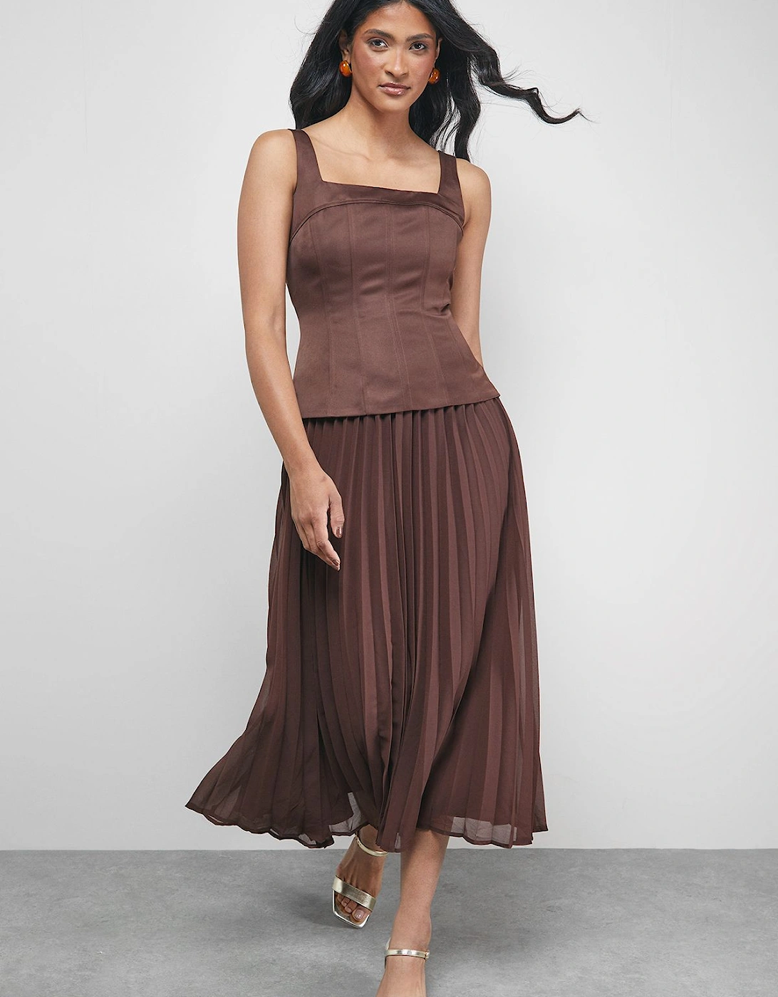 Satin Fitted Bodice Chiffon Pleated Skirt Midi Dress, 2 of 1