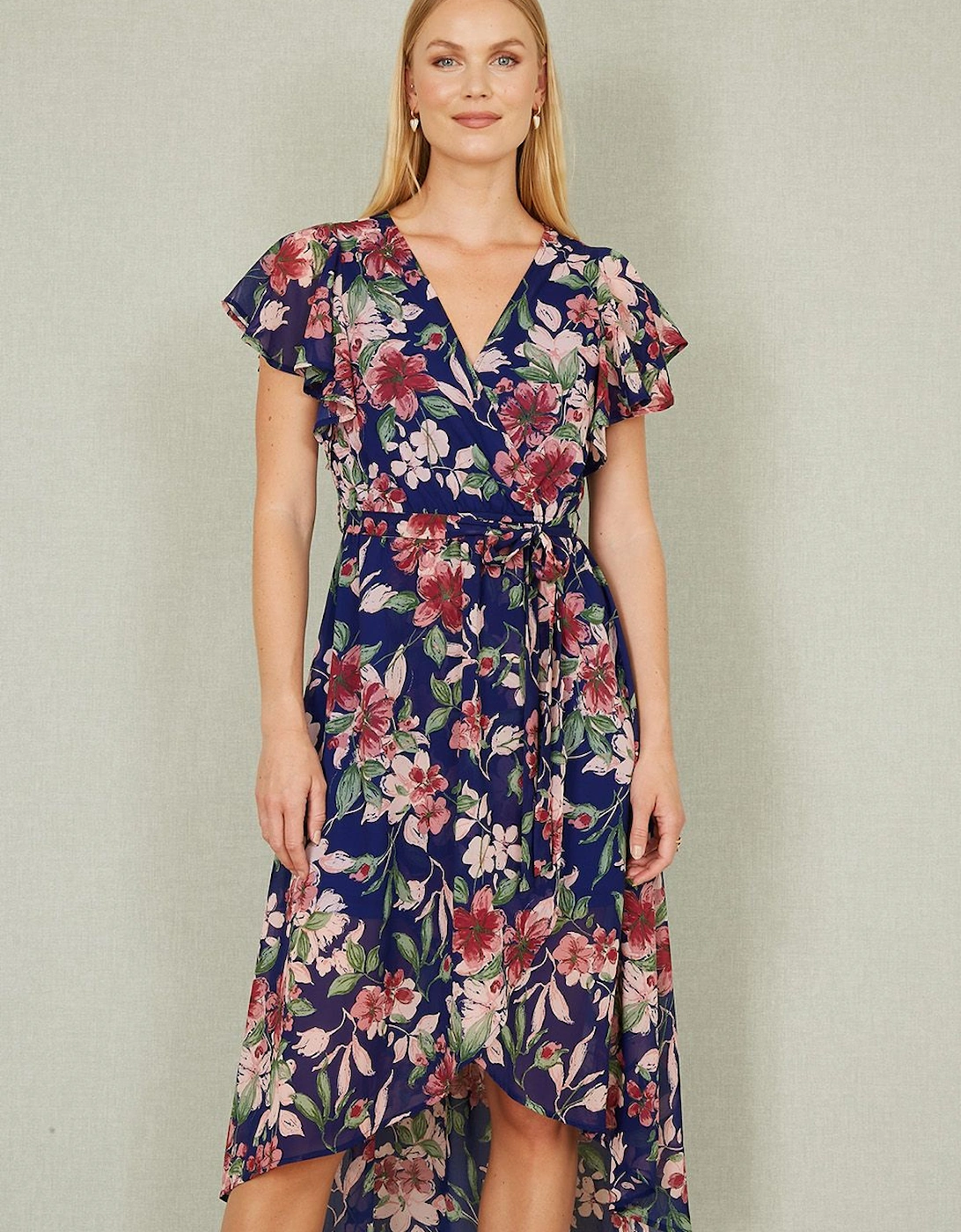Blue Floral Wrap Midi Dress With Frill Hem, 2 of 1