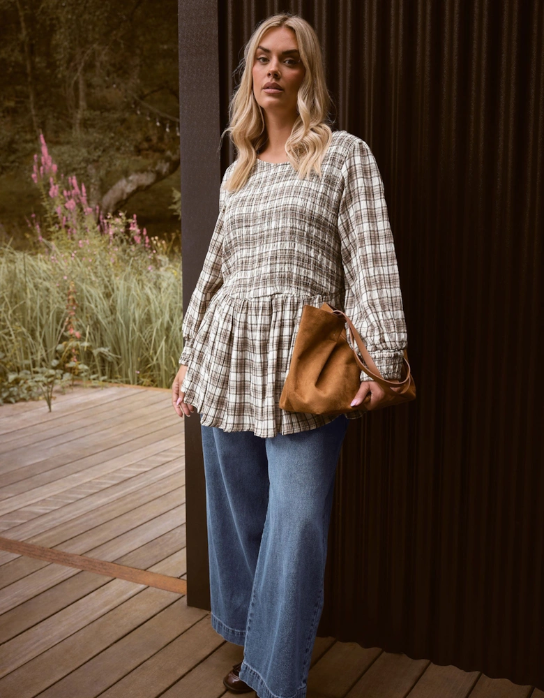 Check Shirred Peplum Top