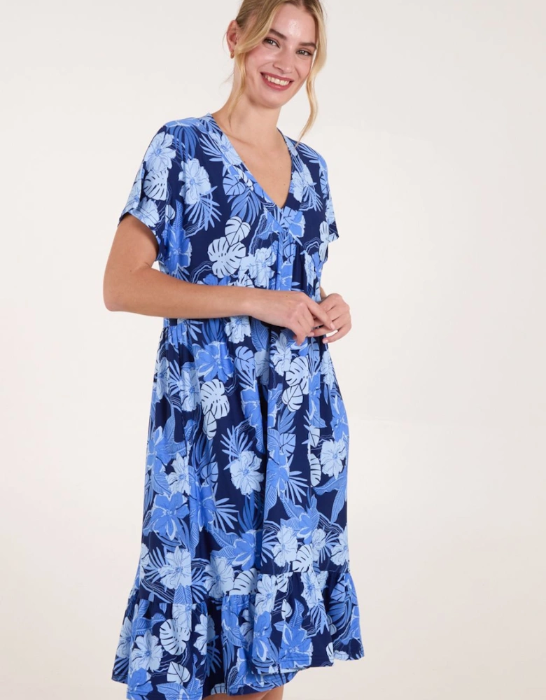 Tropical V Neck Smock Style Tunic Dress