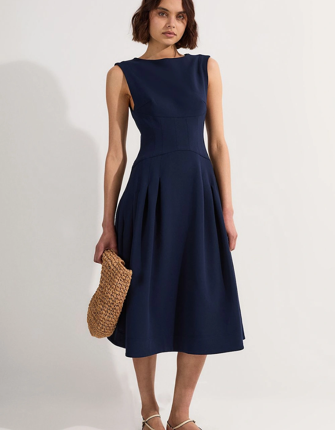 Compact Stretch Open Back Full Skirted Tailored Midi Dress, 2 of 1