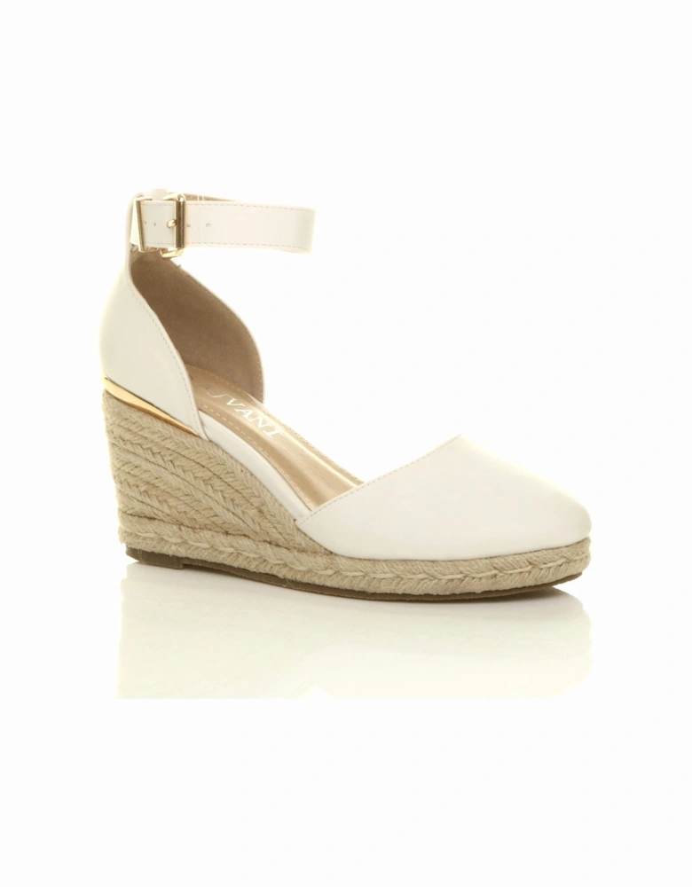 Mid Wedge Heel Ankle Strap Espadrille Faux Leather Heeled Sandals