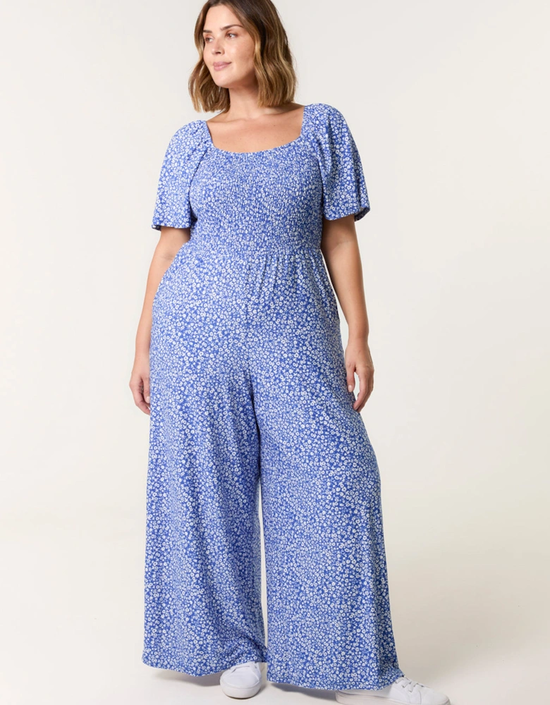 Bright Blue Curve Square Neck Shirred Jumpsuit