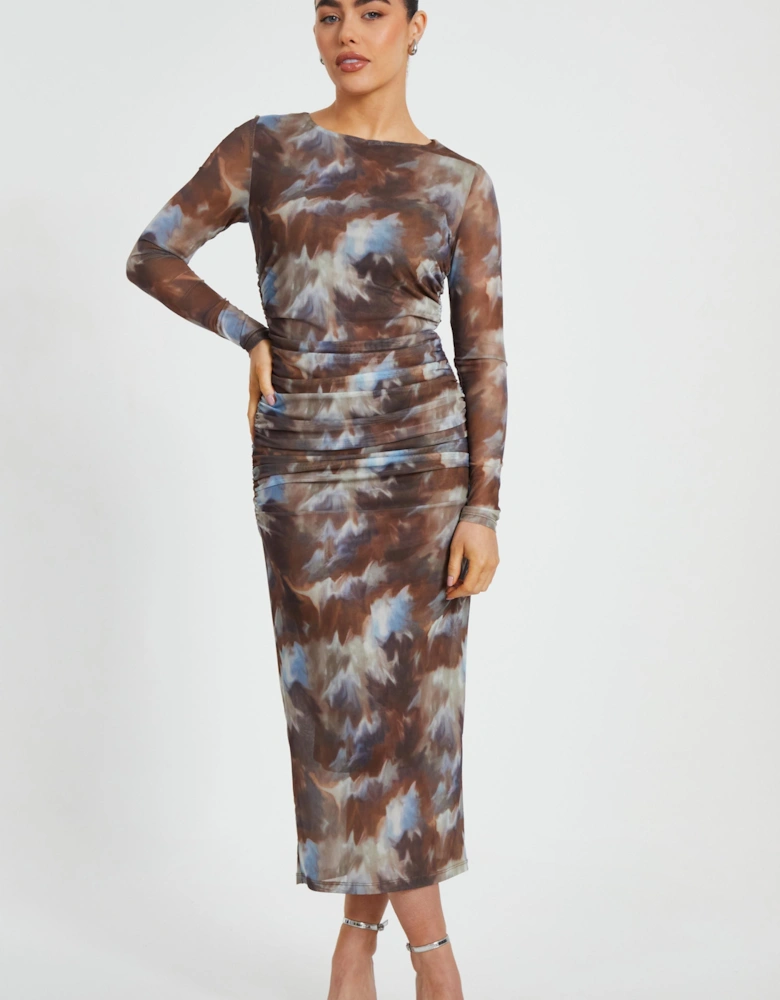 Brown Petite Mesh Midaxi Dress