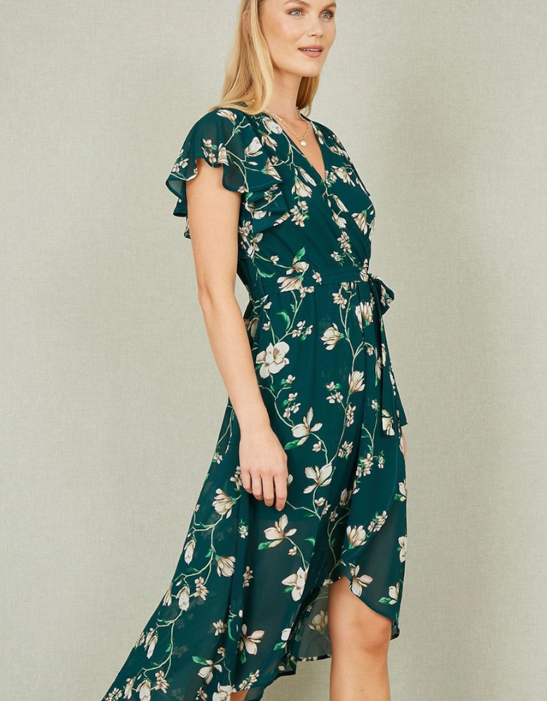Green Floral Wrap Midi Dress With Frill Hem