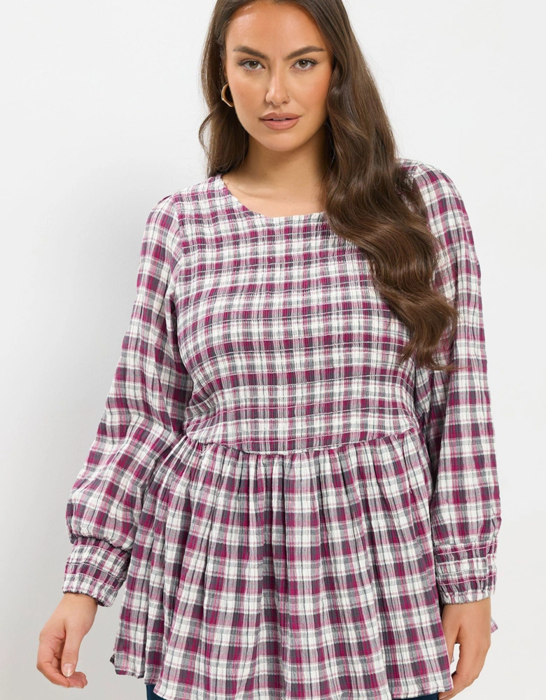 Check Shirred Peplum Top