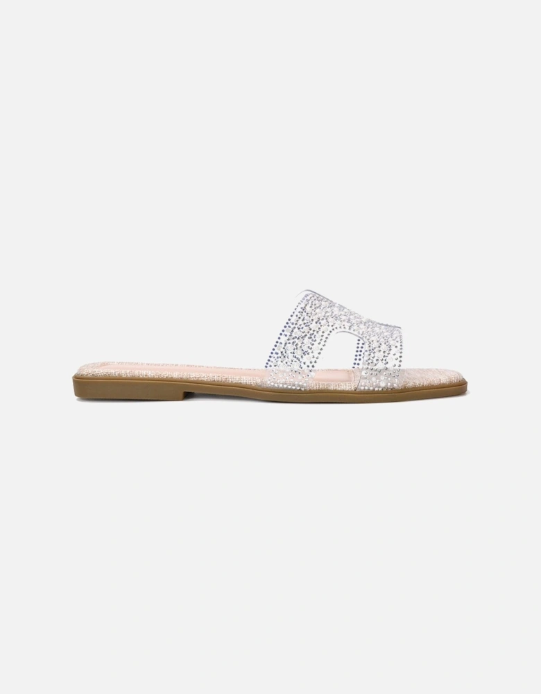 'Patsy' Square Toe Slip On Diamante Slider Sandal Shoes