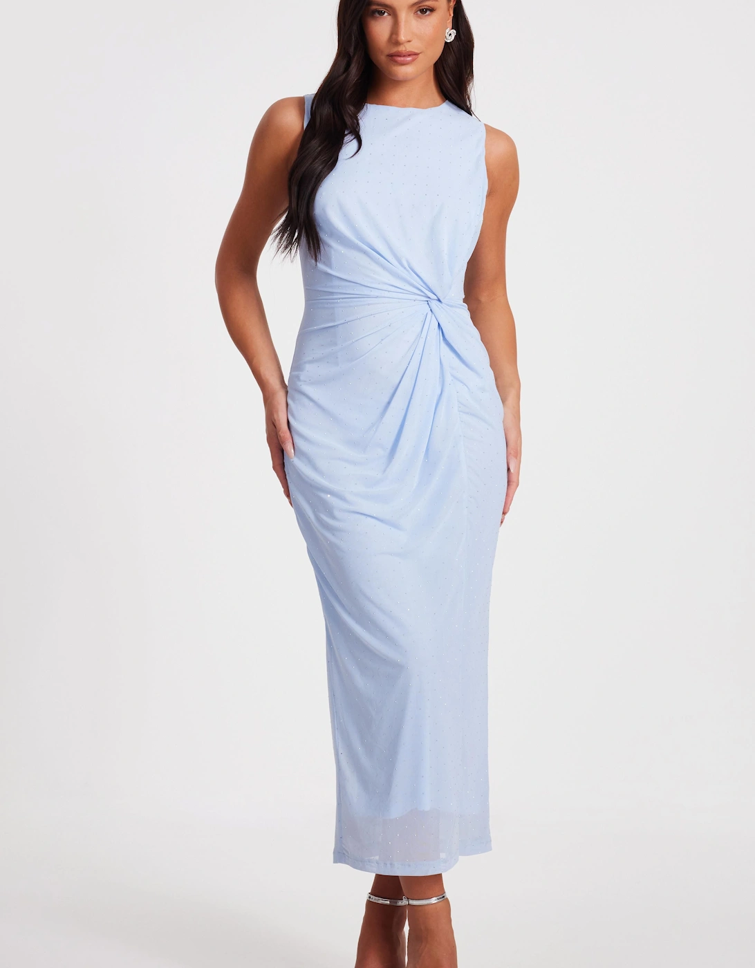 Light Blue Mesh Embellished Midaxi Dress, 2 of 1