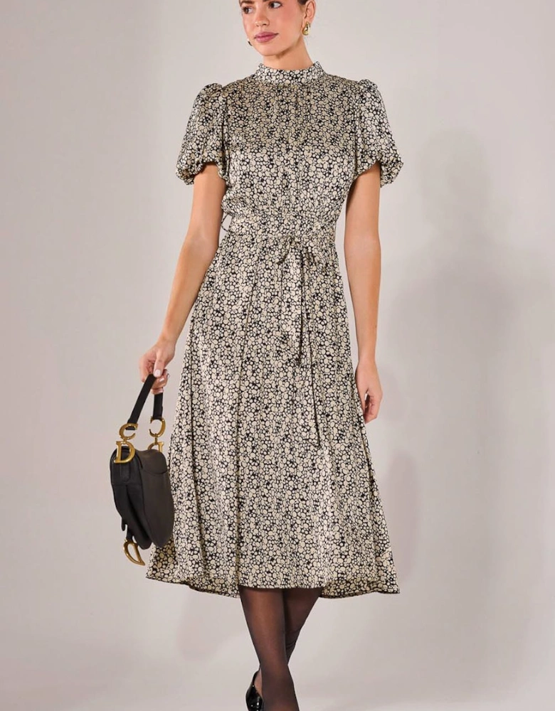 Puff Sleeve Tie Waist Midi Dress