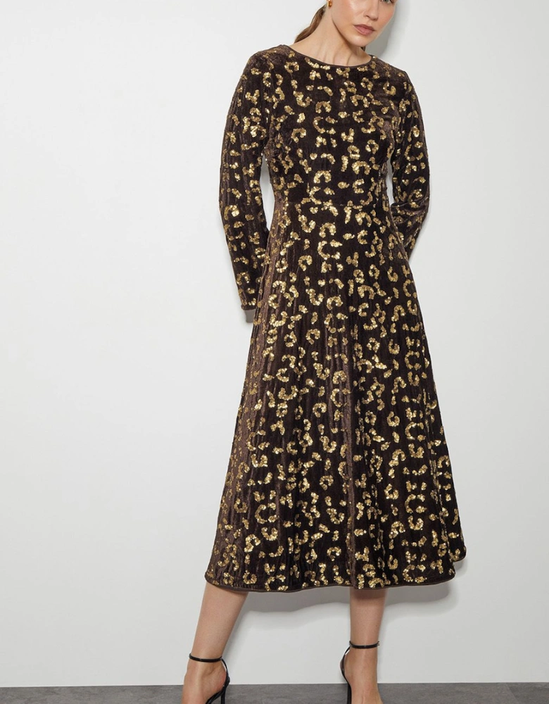 Arwen Sequin Leopard Velvet Midi Dress Brown