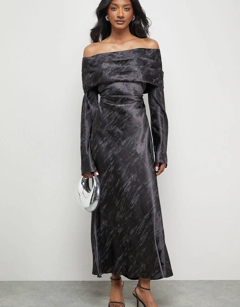 Shimmer Satin Foldover Bardot Bias Midi Dress