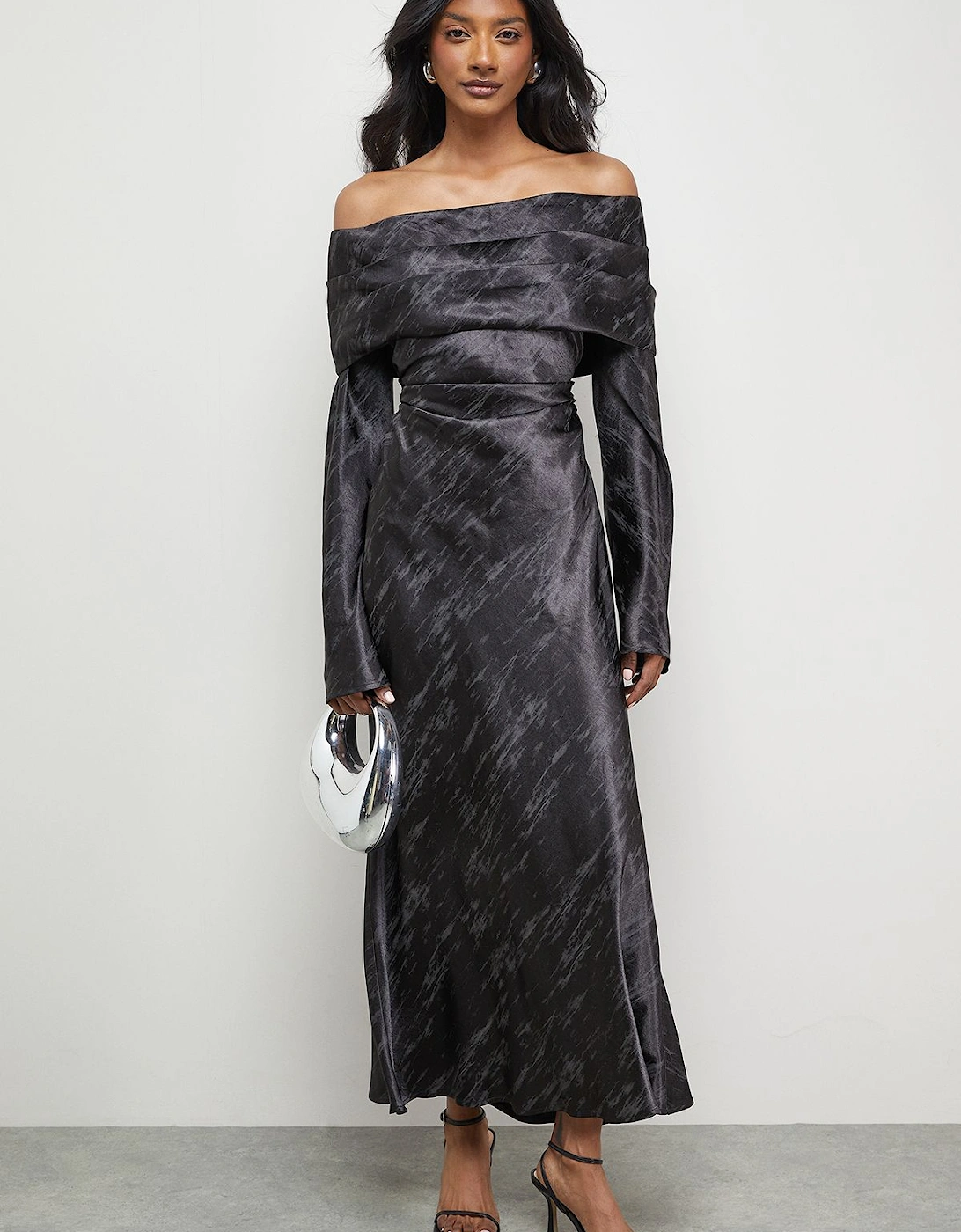 Shimmer Satin Foldover Bardot Bias Midi Dress, 2 of 1