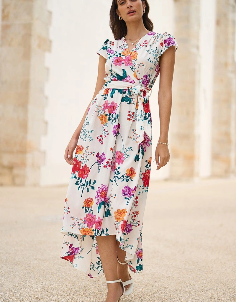Ivory Flower Print Wrap Midi Dress