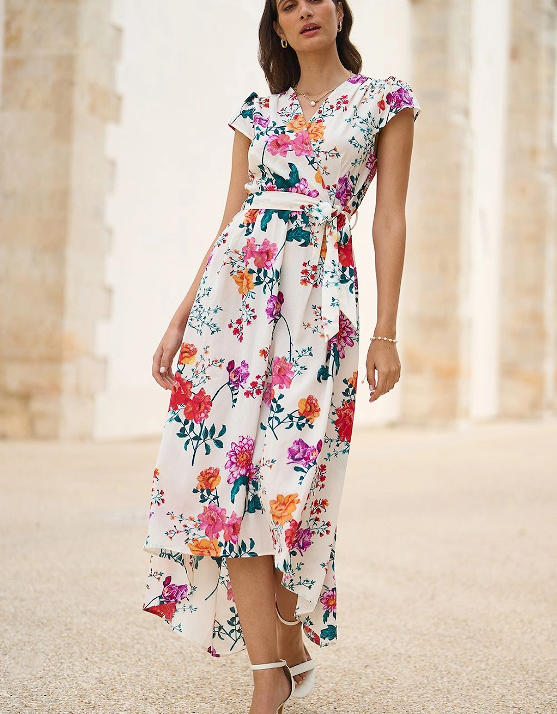 Ivory Flower Print Wrap Midi Dress, 2 of 1