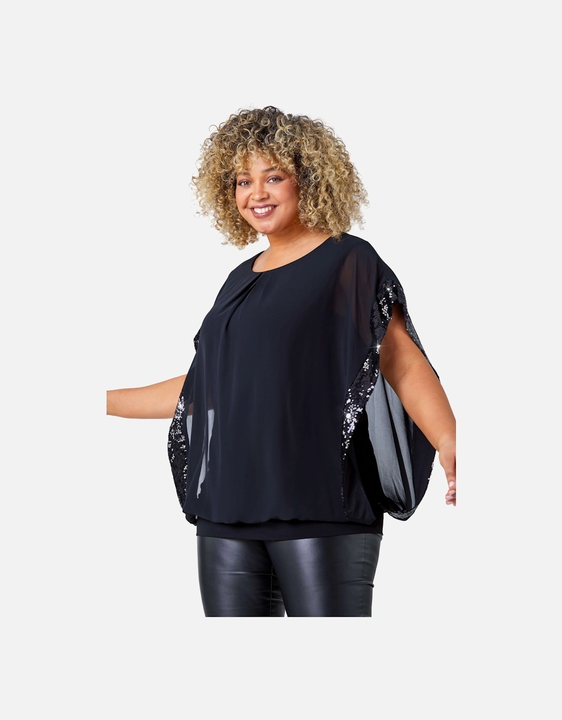 Curve Sequin Trim Chiffon Overlay Top, 2 of 1